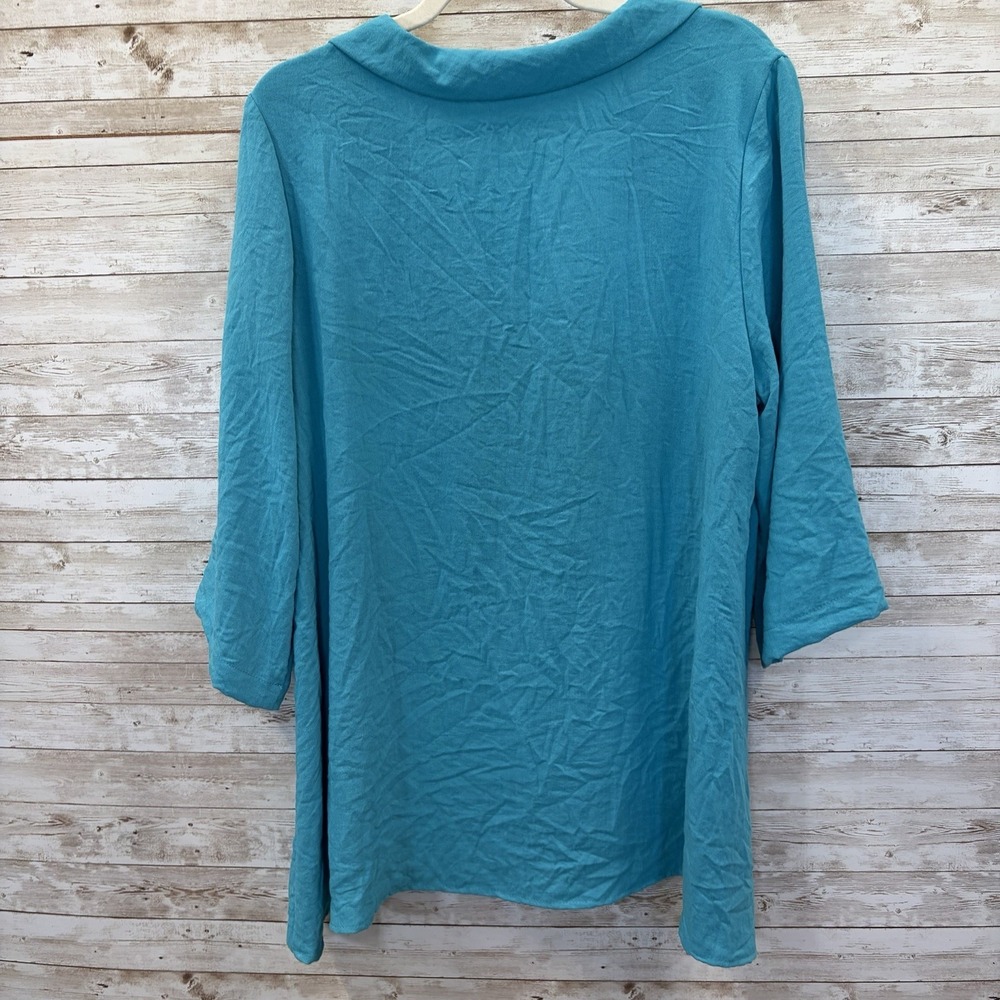Vtg 90s Yushi Womens L Tunic Top Turquoise Cowl Neck  3/4 Sleeve Lagenlook Boho - Picture 4 of 7